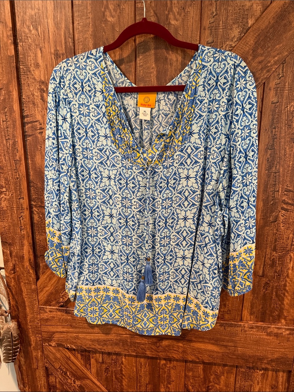 Ruby Rd. Blue White & Yellow Printed V-Neck Tassel Tunic